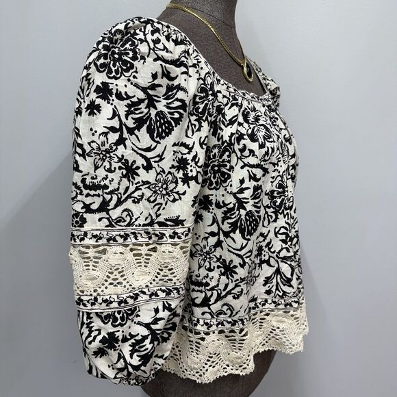 Christian Siriano Boho Peasant Top Size XL Linen Blend Black Floral Crochet Lace - Picture 6 of 12
